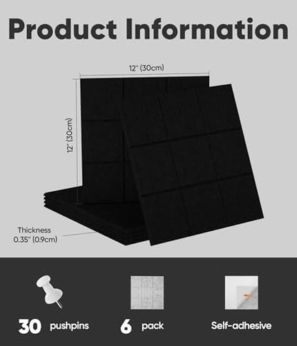 Large Cork Board for Walls 36" x 24", 6 Pack Felt Wall Tiles with Push Pins for Office Home, Pin Board Bulletin Board for Photo Pictures, Black