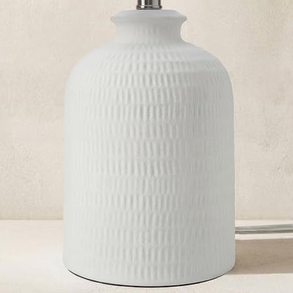 Nourison Home 24" White Textured Ceramic Table Lamp with Tan Linen Shade, Modern Accent Lamp, Bedside Lamp for Bedroom, Nightstand, Living Room
