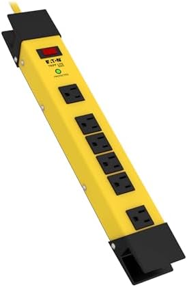 Tripp Lite Eaton TLM615SA Heavy Duty Power Strip with Surge Protection, 6 Outlets, 2700 Joules, Yellow Metal Housing, 15ft Cord, Keyhole Mounting Slots, Cord Wrap, Industrial Garage Work Shop Bench