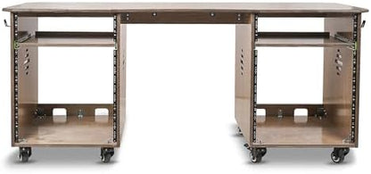Sound Town DIY Music Studio Rack Desk Workstation with 2 X 13U Side Cabinets, Two Slide-Out Trays, Casters, Plywood, Weathered Brown for Recording Room, Home Studio (SDRK-WS69)