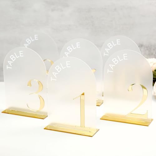 Frosted Arch Wedding Table Numbers 1-15, Gold Numbers and Stands