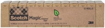 Scotch Magic Greener Tape, 12 Rolls, Numerous Applications, Invisible, Engineered for Repairing, 34 x 900 Inches, Boxed (Pack of 12)