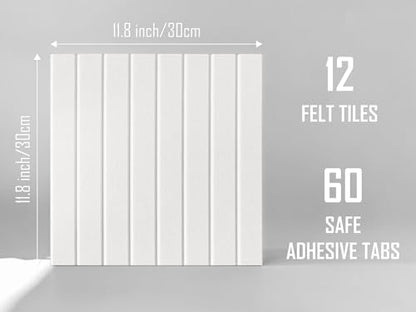 Slated Felt Bulletin Board Tiles | Cork Board Alternative for Walls | Wall Panels for Office & Home Decor | Aesthetic Pinboard & Photo Board | 12-Pack (11.8" x 11.8") with Adhesive | Pure White