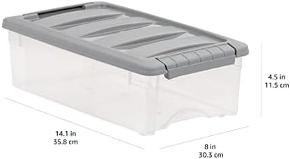 Amazon Basics Plastic Storage Containers with Secure Latching Lids, Stackable Organization Bins, Clear/Grey, 5 Quart, Set of 10