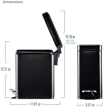 Home Zone Living 3-Pack 1.3 Gallon Small Black Bathroom Trash Can with Lid and Step Pedal, Stainless Steel Wastebasket with Slim Design for Home and Office, 5 Liters