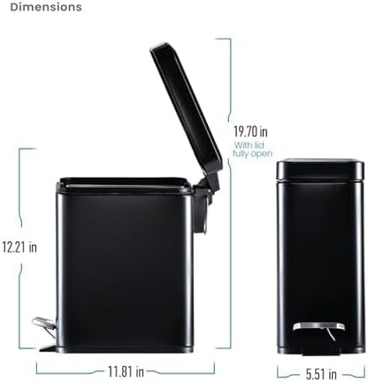 Home Zone Living 3-Pack 1.3 Gallon Small Black Bathroom Trash Can with Lid and Step Pedal, Stainless Steel Wastebasket with Slim Design for Home and Office, 5 Liters