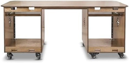 Sound Town DIY Music Studio Rack Desk Workstation with 2 X 13U Side Cabinets, Two Slide-Out Trays, Casters, Plywood, Weathered Brown for Recording Room, Home Studio (SDRK-WS69)