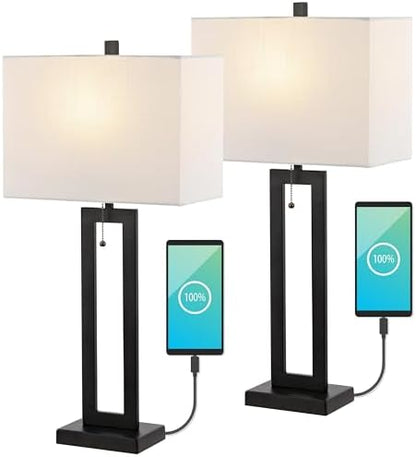 JONATHAN Y Sabrina 28.5" Metal USB Industrial Lamp, Black, Set of 2
