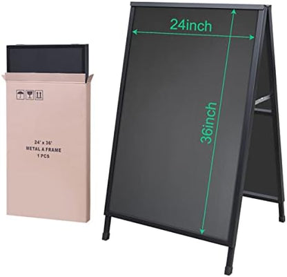 Heavy Duty Slide-in Folding Sandwich Board A-Frame Sidewalk Sign 24x36 Inch Black Coated Steel Metal Double-Sided Pavement Sign (2 Corrugated Plastic Poster Board)