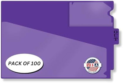 Doctor Stuff - Center Tab Vinyl Out Guides, Diagonal Cut Front Pocket, Top Charge Out Slip Pocket, Plastic File Folder, Letter Size 9" x 13-1/4", Purple, 100/Box