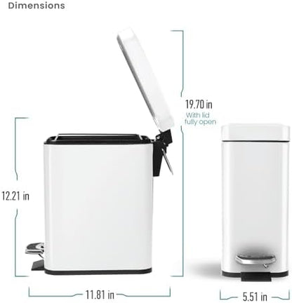 Home Zone Living 2-Pack 1.3 Gallon Small White Bathroom Trash Can with Lid and Step Pedal, Stainless Steel Wastebasket with Slim Design for Home and Office, 5 Liters