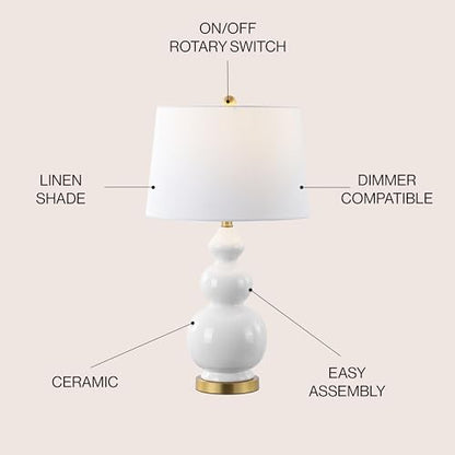 JONATHAN Y Bowen 27.5" Ceramic Triple Gourd Table Lamp, White/Brass Gold
