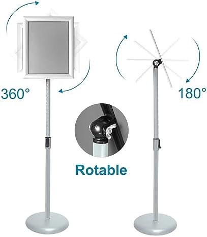 Adjustable Pedestal Poster Sign Stand with Heavy Duty Base Sign Holder Aluminum Snap Open Frame for 8.5 x 11 inches Both Vertical and Horizontal View Displayed Used for Living and Business(Silver）