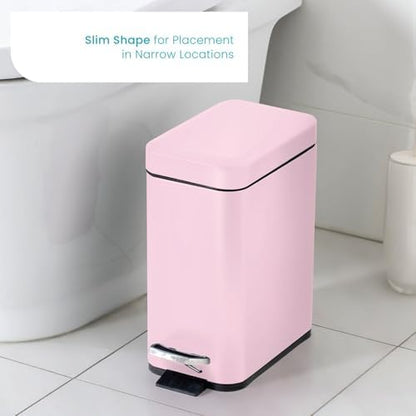 Home Zone Living 2-Pack 1.3 Gallon Small Pink Bathroom Trash Can with Lid and Step Pedal, Stainless Steel Wastebasket with Slim Design for Home and Office, 5 Liters