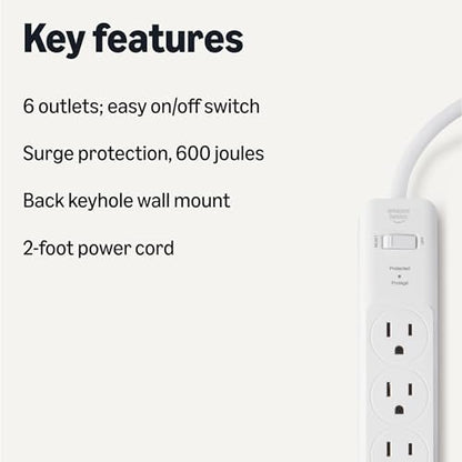 Amazon Basics Rectangle 6-Outlet Surge Protector Power Strip with Circuit Breaker, 600 Joule, 2ft Cord, White, 2-Pack
