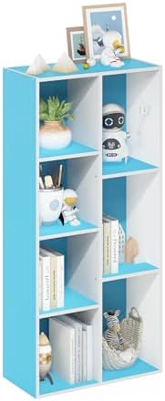 Furinno LUDER Book Shelf, 7-Cube Bookshelf, Bookcase with Open Shelves, 9.4 x 19.5 x 41.7, Easy Assembly, for Living Room, Bedroom, Home Office, White/Light Blue