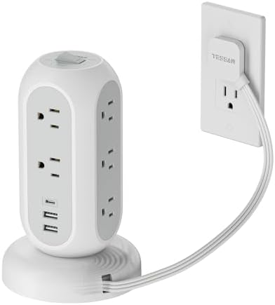 TESSAN Tower Power Strip Flat Plug with 1050J Surge Protection, 5 Ft, Grey