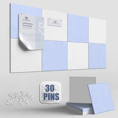 TSJOFFICE Large Cork Board for Wall - 48" x 24" Bulletin Board with 30 Pushpins for Office Decor, Pin Board 8 Pack Felt Tiles with Safe Removable Adhesive Tabs, Corkboard for Home - Light Blue & White