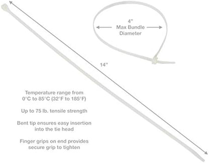 Gardner Bender 45-315 Cable Tie, 14 Inch., 75 lbs. Tensile Strength, Wire / Cord Management Industrial and Household Use, Nylon Zip Tie, 8 Pk., Natural