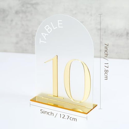 Frosted Arch Wedding Table Numbers 1-15, Gold Numbers and Stands