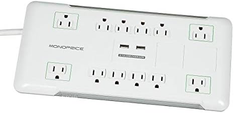 Monoprice Power & Surge - 12 Outlet Surge Protector Power Strip with 2 Built In 2.1A USB Charger Ports - 6 Feet - White | Cord UL Rated, 4, 230 Joules with Grounded and Protected Light Indicator