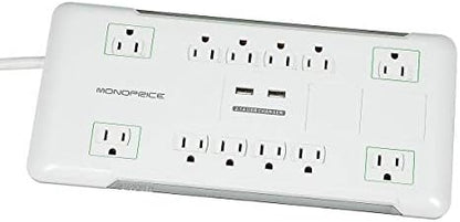 Monoprice Power & Surge - 12 Outlet Surge Protector Power Strip with 2 Built In 2.1A USB Charger Ports - 6 Feet - White | Cord UL Rated, 4, 230 Joules with Grounded and Protected Light Indicator