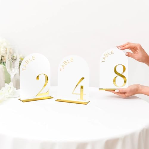 White Arch Wedding Table Numbers 1-10, Gold Numbers and Stands