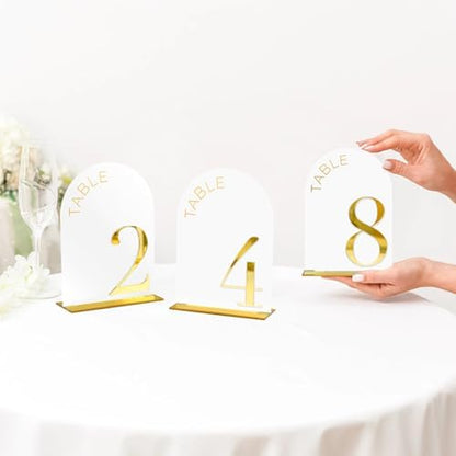 White Arch Wedding Table Numbers 1-10, Gold Numbers and Stands