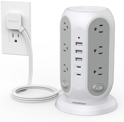 TESSAN Tower Power Strip Surge Protector, Flat Extension Cord 6 Ft, Grey