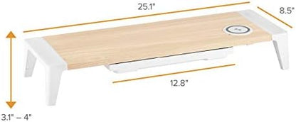 Bostitch Office Wooden Monitor Stand with Wireless Charging Pad, Drawer for Storage, Adjustable Height Riser Includes Removable Non-Skid Rubber Feet - Wood Grain and White (STND-2408WH)