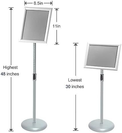 Adjustable Pedestal Poster Sign Stand with Heavy Duty Base Sign Holder Aluminum Snap Open Frame for 8.5 x 11 inches Both Vertical and Horizontal View Displayed Used for Living and Business(Silver）