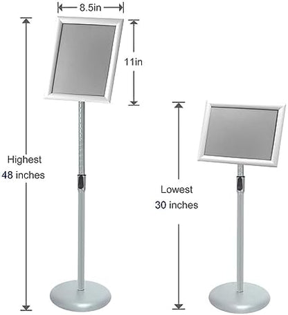 Adjustable Pedestal Poster Sign Stand with Heavy Duty Base Sign Holder Aluminum Snap Open Frame for 8.5 x 11 inches Both Vertical and Horizontal View Displayed Used for Living and Business(Silver）