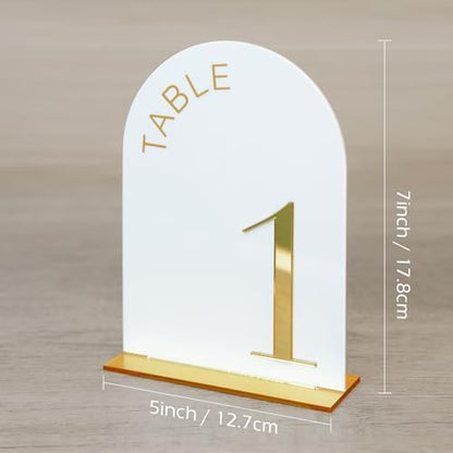 White Arch Wedding Table Numbers 1-10, Gold Numbers and Stands