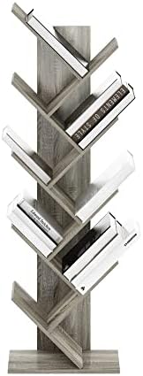 Furinno TREE Book Shelf, 9-Tier Bookshelf, Tree Bookcase with Angled Open Shelf, 8.4 x 15.7 x 50.9, Corner Shelf for Room Decor, for Living Room, Bedroom, Home Office, French Oak