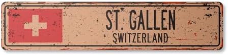 ST. Gallen Switzerland Vintage Aluminum Street Sign Swiss Flag City Country Road Rustic Metal tin Wall Gift | Indoor/Outdoor | 24" Wide