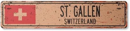 ST. Gallen Switzerland Vintage Plastic Street Sign Swiss Flag City Country Road Wall Gift | Indoor/Outdoor | 24" Wide
