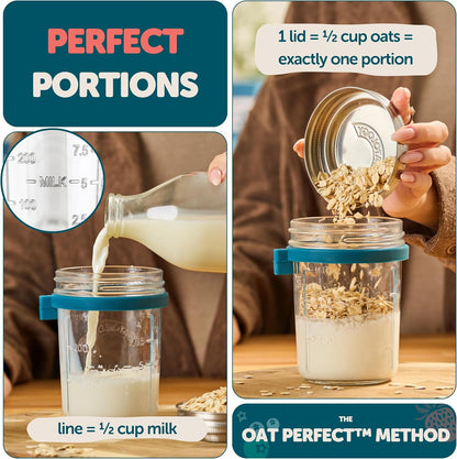 Overnight Oats Jars with Lids and Spoon - Glass Chia Pudding Containers - 16 oz Leakproof Mason Jar for Oatmeal - Wide Mouth To Go Meal Prep Cup with Measurement Markings - 1 Pack
