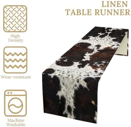 Cow Animal Skin Print Table Runner, Rustic Cottage Country Farm Animal Fur Skin Pattern Western Style Black Brown Cowhide Print Dinner Runner for Home Kitchen Dining Table Decoration 13"x108"