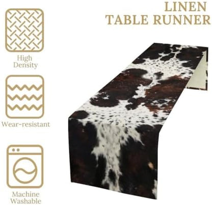 Cow Animal Skin Print Table Runner, Rustic Cottage Country Farm Animal Fur Skin Pattern Western Style Black Brown Cowhide Print Dinner Runner for Home Kitchen Dining Table Decoration 13"x108"