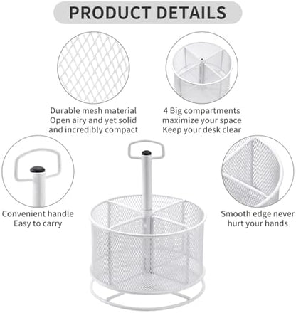 Marbrasse Mesh Desk Organizer, 360-Degree Rotating Multi-Functional Pen Holder, 4 Compartments Desktop Stationary Organizer, Home Office Art Supply Storage Box Caddy (White)