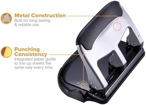 Bostitch Office EZ Squeeze Heavy Duty 3-Hole Punch for Home Office & School, 40-Sheet Capacity, One-Touch Reduced Force, Sleek Silver Design