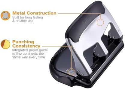 Bostitch Office EZ Squeeze Heavy Duty 3-Hole Punch for Home Office & School, 40-Sheet Capacity, One-Touch Reduced Force, Sleek Silver Design