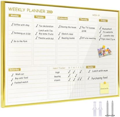 Gold Weekly Dry Erase Board for Wall,12"x16",Gold Metal Frame Weekly Planner Whiteboard for to Do List, Memo, School, Home, Office, Kitchen-GZ