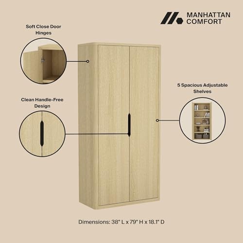 Manhattan Comfort Rivington Bookshelf 79 in Tall 5-Tier Bookcase, Modern Soft Close Storage Cabinet, Handle-Free, Round Corner Design for Living Room, Bedroom, or Home Office, Set of 3 in Natural Oak