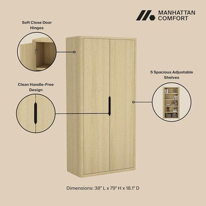 Manhattan Comfort Rivington Bookshelf 79 in Tall 5-Tier Bookcase, Modern Soft Close Storage Cabinet, Handle-Free, Round Corner Design for Living Room, Bedroom, or Home Office, Set of 3 in Natural Oak