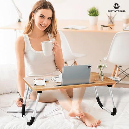 Lap Desk Bed Trays for Eating and Laptops Breakfast in Bed Tray for Sofa/Couch/Study/Reading/Writing with Cup Holder/Drawer On Low Sitting Floor Large Portable Foldable (Walnut Beige)