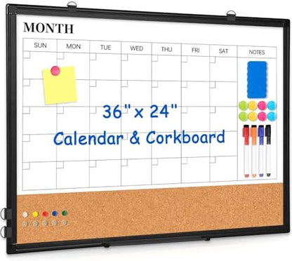 Calendar Whiteboard Dry Erase for Wall, 36" x 24" Month White Board Black