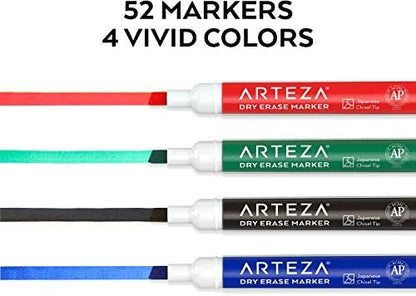 ARTEZA Dry Erase Markers, 52-Pack, Chisel Tip, 4 Assorted Colors, Low-Odor Ink for Whiteboards, Classroom, Office, or Home Use