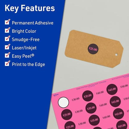 Avery Printable Round Labels, Sure Feed Technology, 1" Diameter, Bright Pink Labels, Print-to-the-Edge, Laser/Inkjet, 1,920 Total, Great for Price Stickers and Mailing Seals