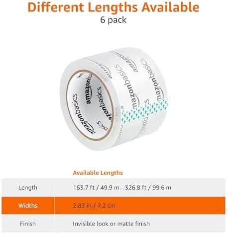 Amazon Basics 2.83 Inch Wide Packing Tape, Fits 3-Inch Dispensers, Crystal Clear, Low Odor, for Moving, Storage, Shipping and Sealing Boxes, 54.6 Yards, 6-Pack